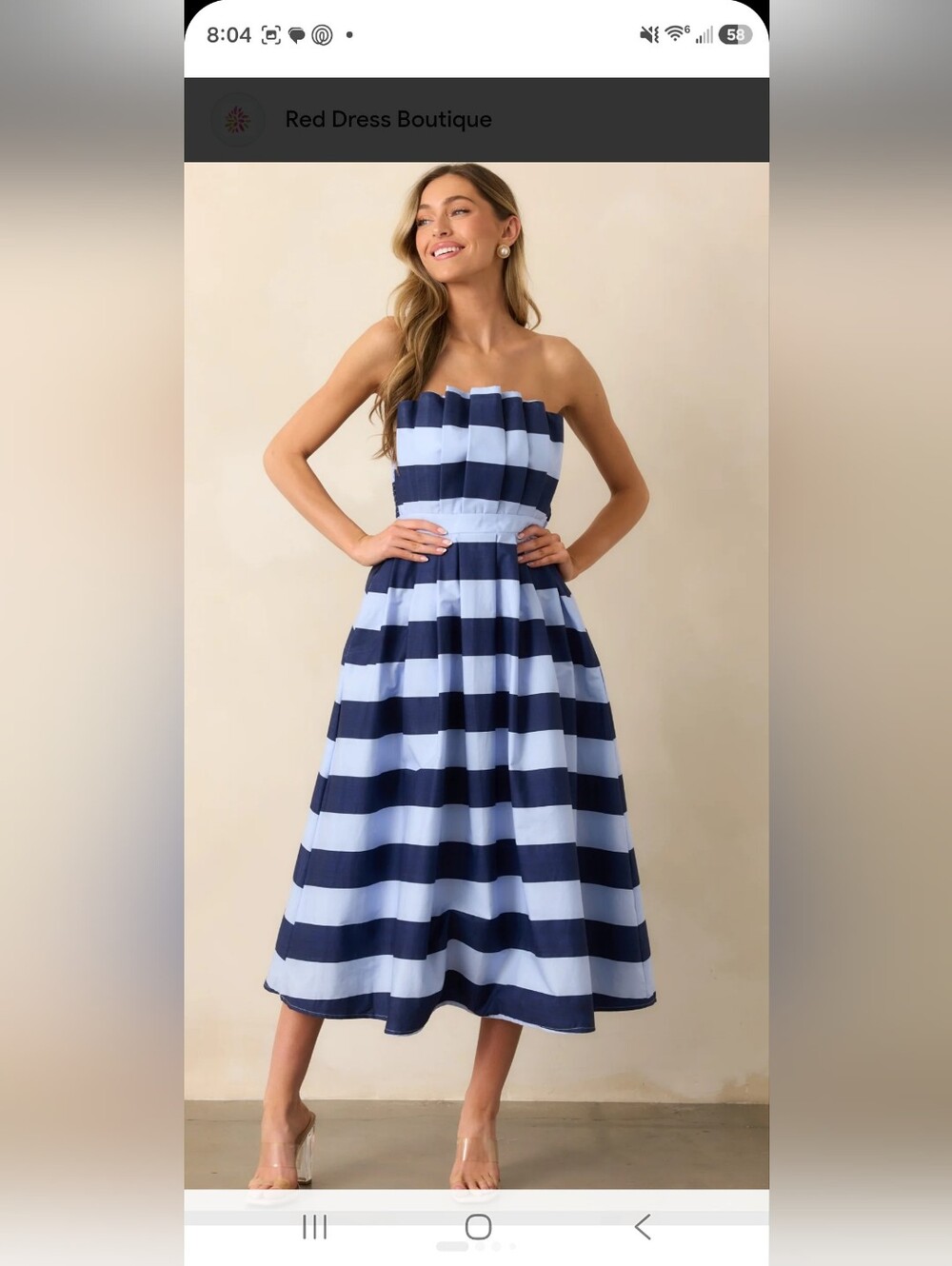Entro Strapless Navy and Light Blue Stripe Midi Dress